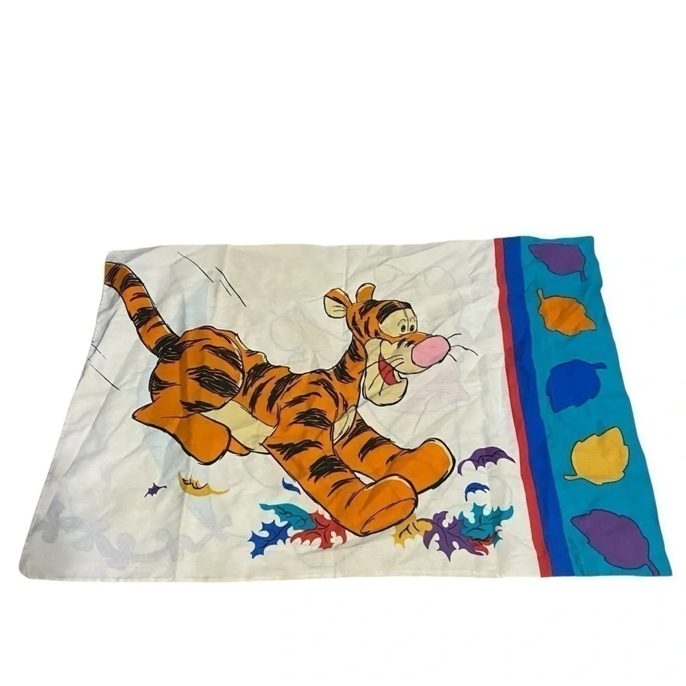 Disney Winnie the Pooh Vintage Pillow Case Tigger Leaves Fall Blue Orange Yellow